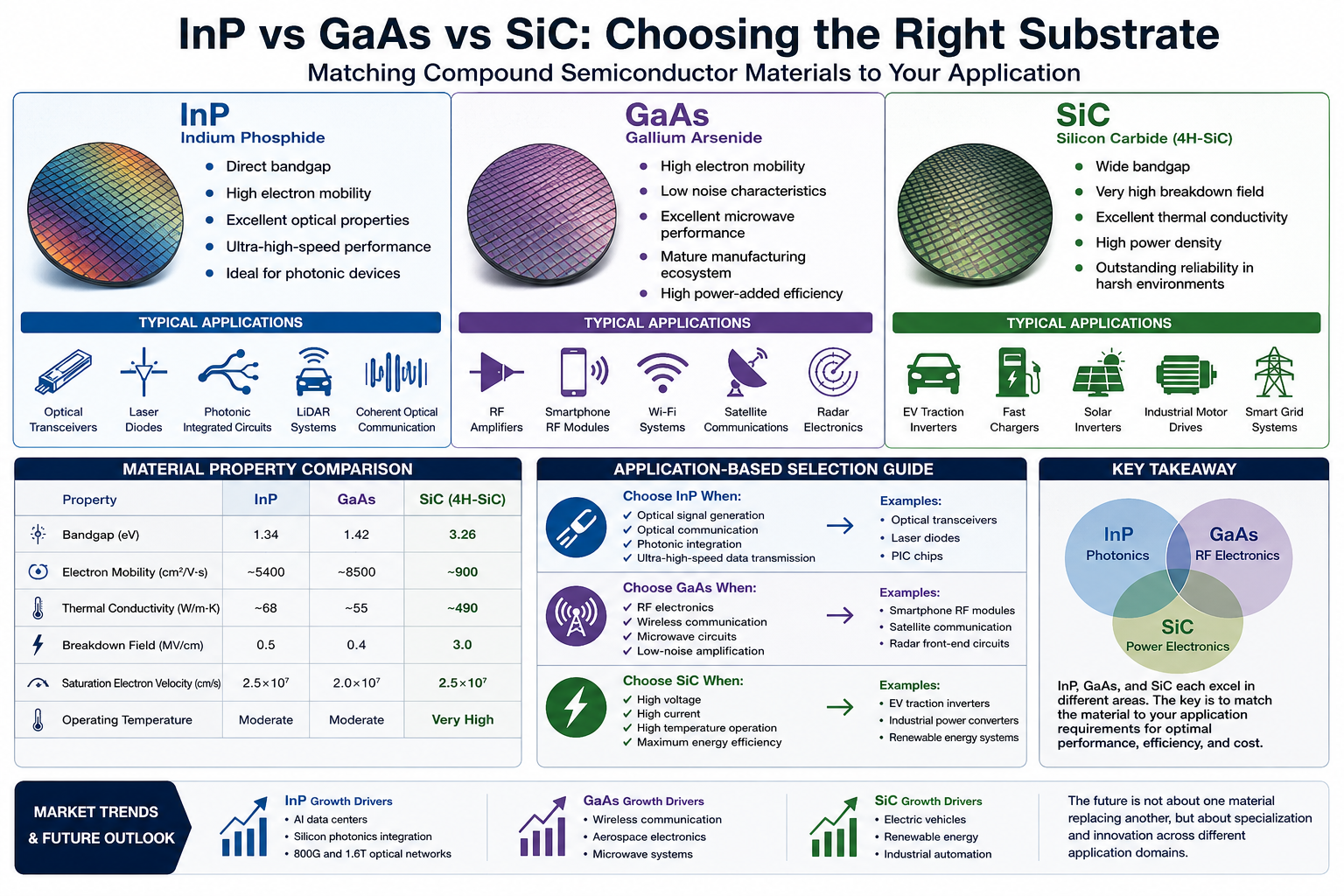 최신 회사 블로그 InP vs GaAs vs SiC: 올바른 반도체 기판을 선택하는 방법은 무엇입니까?